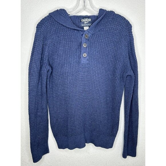 Osh Kosh Sweater Youth Size 14/14A Hoodie Cable Knit Navy Blue Buttons Pullover - Picture 2 of 13